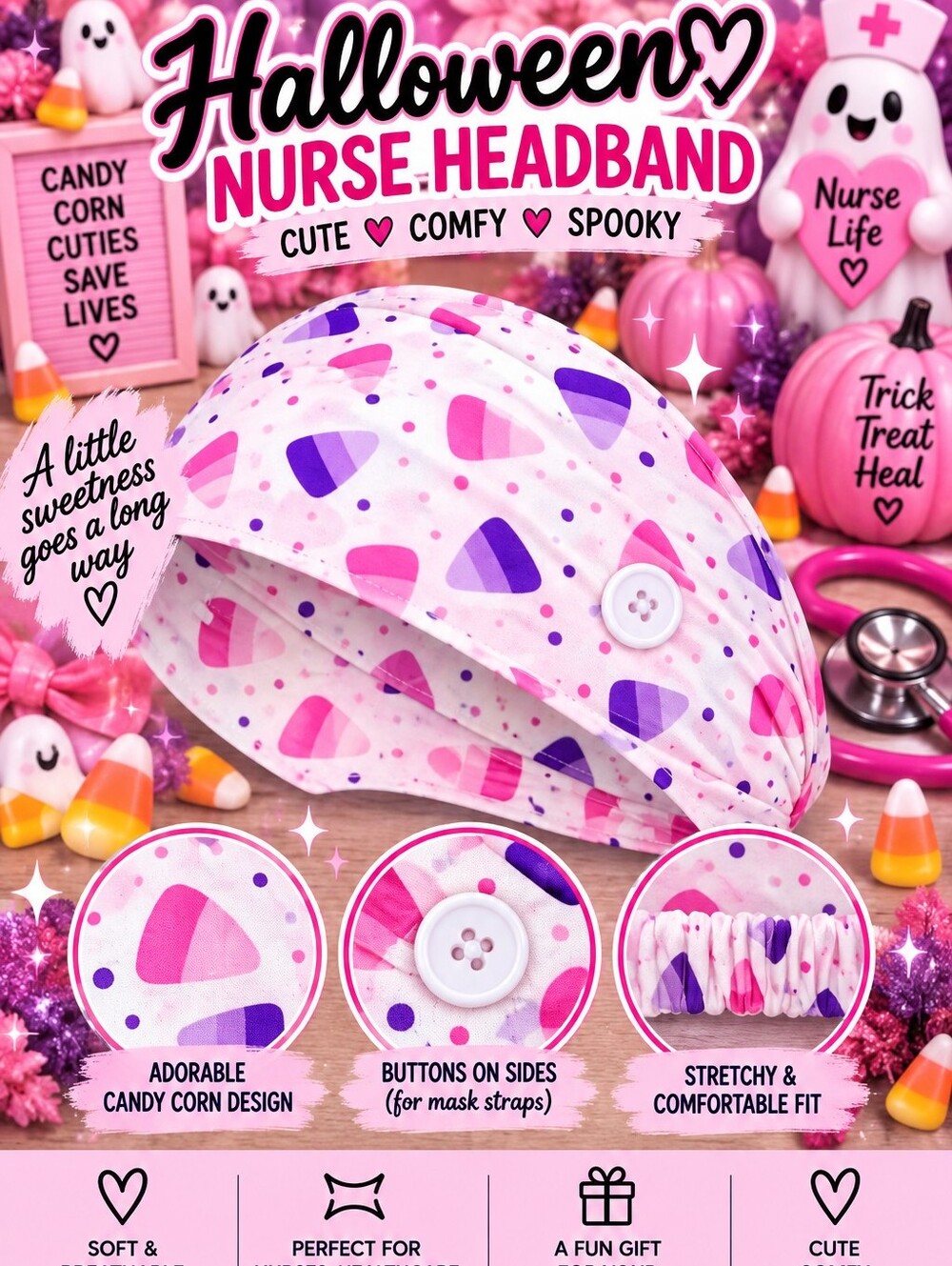 Halloween Nurse Headband - Pink Candy Corn Print!!